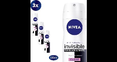 NIVEA Invisible For Black & White Clear - 3 x 150 ml - voordeelverpakking - Deororant Spray