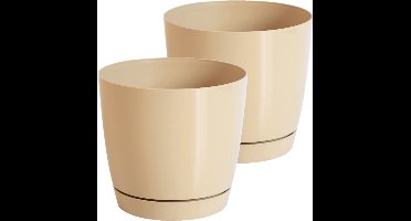 Set van 2x stuks plantenpotten/bloempotten kunststof rond glanzend mat goud dia 24 x hoogte 22 cm voor binnen/buiten