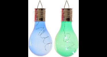 2x Buiten/tuin LED blauw/groen peertjes solar verlichting 14 cm - Tuinverlichting - Tuinlampen - Solarlampen op zonne-energie