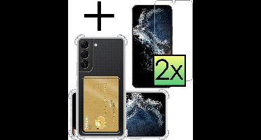 Hoesje - Geschikt voor Samsung Galaxy S22 Plus - Met 2x Screenprotector - Pashouder - Kaarthouder - Telefoon Hoes Shockproof - Siliconen Case - Back Cover - Shock Proof - Pasjes Houder - Transparant