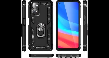 Hoesje Geschikt voor Oppo A76 hoesje Hybrid Armor Anti-Shock hoesje Zwart - Hoesje Geschikt voor Oppo A76 - A76 Hoesje kickstand Ring houder cover TPU backcover hoesje