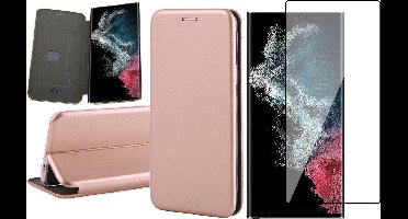 Hoesje geschikt voor Samsung Galaxy S22 Ultra - Book Case Kunstlederen Wallet Cover Minimalistisch Pasjeshouder Hoes Roségoud - PET Glasfolie Screenprotector
