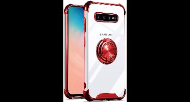 Hoesje Geschikt Voor Samsung Galaxy S10 hoesje silicone met ringhouder Back Cover Case - Transparant/Rood