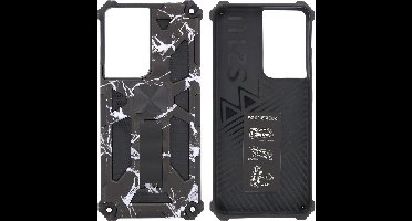 Hoesje Geschikt Voor Samsung Galaxy S21 Ultra Hoesje - Rugged Extreme Backcover Marmer Camouflage met Kickstand - Zwart