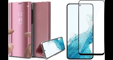 Hoesje geschikt voor Samsung Galaxy S22 - Book Case Spiegel Wallet Cover Hoes Roségoud - Full Tempered Glass Screenprotector