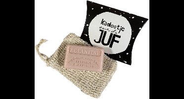 Cadeautje voor de juf: Wilde roos 125 g. + Sisal zeepzakje - savon de marseille - zeep geschenkset - geschenk juf