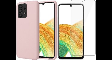 Hoesje geschikt voor Samsung Galaxy A33 - Matte Back Cover Microvezel Siliconen Case Hoes Roze - Tempered Glass Screenprotector