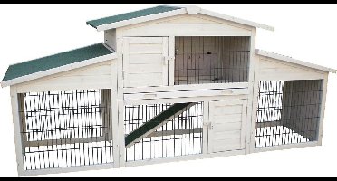 Konijnenhok met ren – Extra groot konijnenhok voor buiten met 2 verdiepingen en nachthok – 222x57,5x100 cm – Flamingo Konijnenhok Villa Scandic Grijs