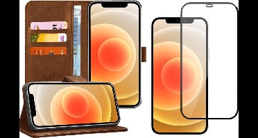 Hoesje geschikt voor iPhone 12 mini - case bruin book cover Kunstleer wallet + Screen protector glas tempered glass screenprotector full screen