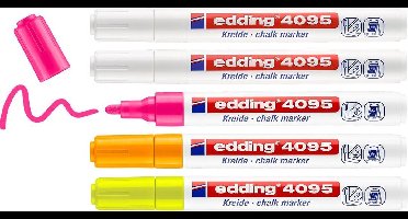 edding 4095 krijtstiften wit 2x, neonroze, neonoranje, neongeel - 5 stuks raamstiften - krijtmarkers - ronde punt 2-3 mm - krijtstift voor krijtborden, uitwisbaar - voor het schrijven op ruiten, glas, spiegels