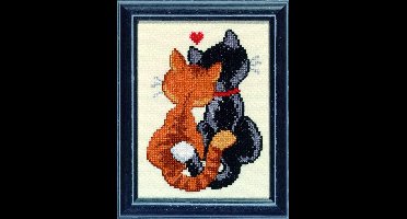Pako Borduurpakket met tel patroon - Verliefde poesjes - 210.845 - voorgesorteerd garen - Aida ivoor - 13 x 17 cm - DIY kit
