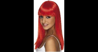 Smiffys Glamour pruik met neon rood stijl lang haar - voor dames - carnaval verkleed pruiken - carnaval - met pony