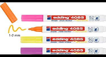 edding 4085 krijtmarker - roze, paars, oranje, geel - 4 raamstiften - ronde punt 1-2 mm - raamstiften voor borden, ruiten, glas, spiegels - krijtstift voor ramen zijn afwasbaar en uitwisbaar