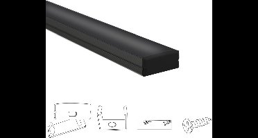 Aluminium led strip profiel zwart opbouw 2M - breed en laag - compleet met afdekkap - Led profiel opbouw - Led profiel zwart