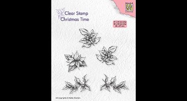 CT036 Clear stamp Nellie Snellen - kerst stempel poinsetta - kerstroos hulst takje en besjes kerstmis