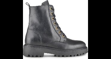 PS Poelman Leta Dames Leren Enkellaarzen met Veters en Rits - Zwart en Gouden Eyelets - Maat 38