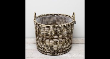 Houtmand - op wielen - Rond - Riet - Rotan - Plantenmand - Dia 57cm