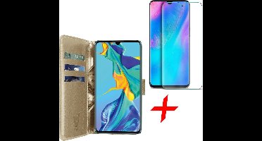 Hoesje geschikt voor Huawei P30 + Screenprotector Tempered Glass - Kunstlederen TPU Book Case Portemonnee Flip Wallet - Goud