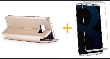 Hoesje geschikt voor Samsung Galaxy S8 - Kunstlederen Wallet Case Goud + Screenprotector Zilver (3D) - Portemonnee Hoesje met Magneet sluiting - Book Case - Flip Cover - Klap - 360 beschermend Telefoonhoesje (Gold)