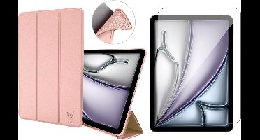 Hoes en Screenprotector geschikt voor iPad Air 13 inch 2024 – Ook geschikt voor iPad Pro 12.9 2022 / 2021 / 2020 / 2018 – Smart Cover met Tri-Fold Stand – Schokbestendig – Auto Wake/Sleep – TPU Backcase – Rose