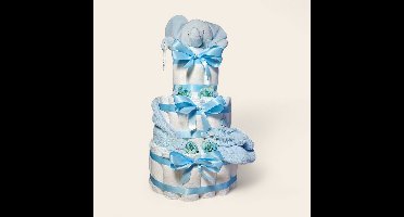 Luiertaart - 3 lagen - blauw - slofjes - knuffelolifantje - slabber - pampers - kraamcadeau