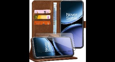 Hoesje geschikt voor OnePlus Nord 4 - Screenprotector Glas - Portemonnee Book Case Bruin
