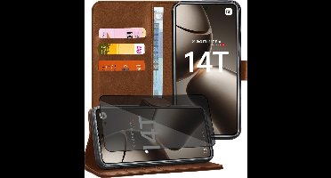 Hoesje geschikt voor Xiaomi Redmi 14T / 14T Pro - Privacy Screenprotector Volledig Dekkend Glas - Portemonnee Book Case Bruin