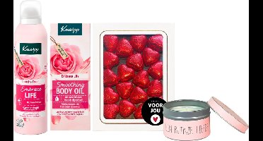 Kneipp Cadeauset Embrace Life Liefde - Kneipp Huidolie Embrace Life 100 ml - Kneipp Douchefoam 200ml Embrace Life - Liv 'n Taste Chocode Hartjes Giftbox - My Flame Kaars Blikje Een blikje Liefde