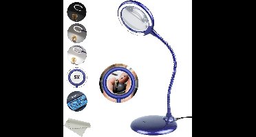 Loeplamp met LED Verlichting - Staande & Bureaulamp met Vergrootglas, Oplaadbare Looplamp met Tafelklem & Rolstatief - Ideaal als Leeslamp, Werklamp & Hobbylamp - 5x Vergrootglas - 28 LEDs - Blauw