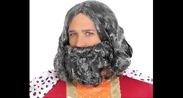 Atosa Verkleedpruik voor heren met baard - grijs - half lang haar - Carnaval - Krijger/ridder/koning/middeleeuwen
