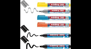 edding 385 markeerstiften en flipchart marker set - highlighter met flexibele punt + flipchart stiften – 6 stiften - zwart, geel, grijs, blauw, oranje - navulbaar - in handig bewaardoosje