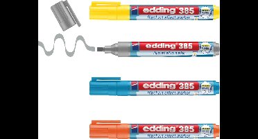 edding 385 markeerstift met flexibele punt set 4 stuks - geel, grijs, lichtblauw, oranje - navulbaar - flexibele penseelpunt - intense kleuren - in handig bewaardoosje