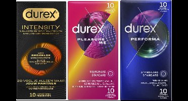 Durex - 30 stuks Condooms - Intensity 10st Nieuwste generatie ultradun, gedeelde lichaamswarmte - Pleasure Me met ribbels 10st - Performa vertragende effect 10st - Voordeelverpakking