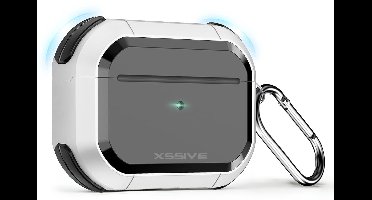 Xssive Hardcase - Geschikt voor Apple AirPods Pro 1 & 2 Hoesje – Schokbestendig & Met Sleutelhanger – Zwart met Wit Bumper