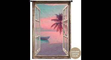 Wandkleed 90x135 cm - Wanddoek Doorkijk - Strand - Palmboom - Tropisch - Wandtapijt - Wandkleden