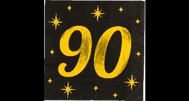 Paperdreams Verjaardag feest servetten - leeftijd 90 jaar - 16x stuks - zwart/goud - sterren - 33 x 33 cm