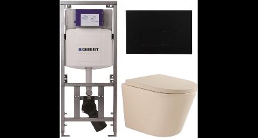 QeramiQ Dely Toiletset - 36.3x51.7cm - diepspoel - rimless - Geberit UP320 inbouwreservoir - softclose toilet zitting 35 mm - kunstof mat zwarte bedieningsplaat - rechthoekige knoppen - mat beige