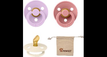 Bibs Dental fopspenen Anatomical 6-18 maanden- Set 3 stuks- Ivory , Dusty Pink, Violet Sky + Monkiezz speenzakje - orthodontisch- Anatomisch- Maat 2