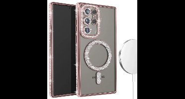 Hoesje met Diamantjes en Glitter Geschikt voor: Samsung Galaxy S23 Ultra - MagSafe Glitter Hoesje - Rosegoud met Diamanten steentjes - Glamour Hoesje
