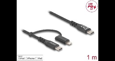 Delock USB Cable 2 in 1 USB Type-C™ to USB Type-C™ / Lightning™ for iPhone™ and iPad™ 1 m MFi 60 W