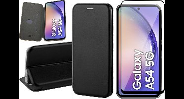 Hoesje geschikt voor Samsung Galaxy A54 - Screen Protector FullGuard - Book Case Kunstleer ThinShield Zwart & Screenprotector