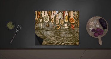 Inductieplaat Beschermer - Houten Lepels met Kruiden en Specerijen - 60x52 cm - 2 mm Dik - Inductie Beschermer met zwarte kern