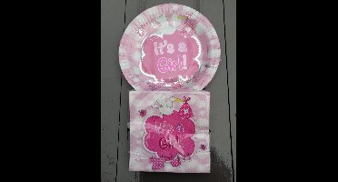 Babyshower - Set - Roze - Meisje - 8 Stuks Bordjes + 20 Servetten - Geboorte - Kraamfeest