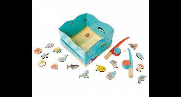 Houten visspel educatief speelgoed aquarium magneet hengel 19-delig.