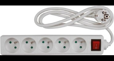 Perel Stekkerdoos met schakelaar, 5 stopcontacten met penaarde (type E), kabel 1.5 m, 3G1.5, gebruik binnenshuis, wit