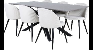 PiazzaGRBL eethoek eetkamertafel grijs en 6 Velvet eetkamerstal fluweel beige, zwart.