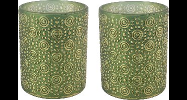 Countryfield Luxe theelichthouder - 2x stuks - Fantasy - glas - olijfgroen/goud - D8 x H10 cm
