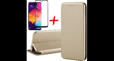 Hoesje geschikt voor Samsung Galaxy A50 - Screen Protector FullGuard - Book Case Kunstleer ThinShield Goud & Screenprotector