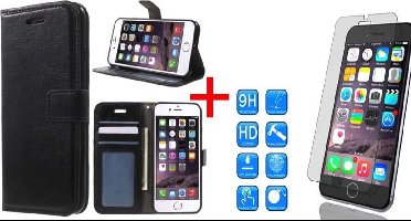 Hoesje geschikt voor Apple iPhone 7 - Kunstlederen TPU Wallet Case Zwart - Portemonee Hoesje - Book Case - Flip Cover - Klap - 360 beschermend Telefoonhoesje + Tempered Glass Screenprotector 2,5D 9H (Gehard Glas)
