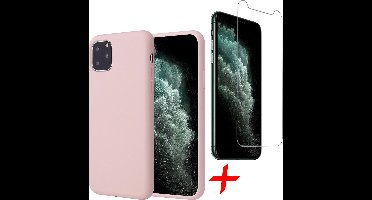 Hoesje geschikt voor iPhone 11 Pro - Screenprotector GlassGuard - Roze Liquid Siliconen Case